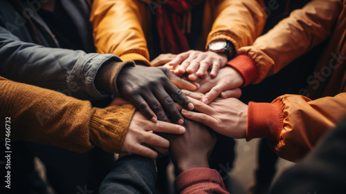Multiethnic group of hands together, symbolizing unity and social justice