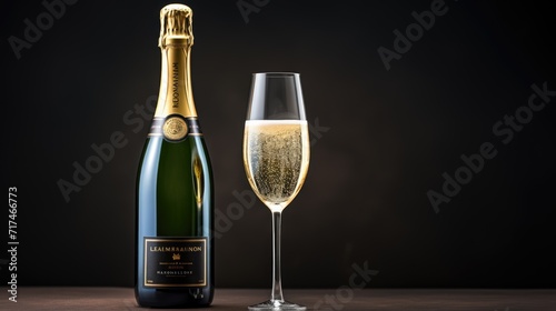 champagne. champagne bottle and glass. champagne bottle and glasses on table
