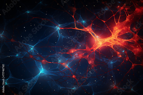 An intricate web of interconnected neurons, each represented as vibrant nodes with dynamic synapse-like connections in hues of electric blue and fiery red.