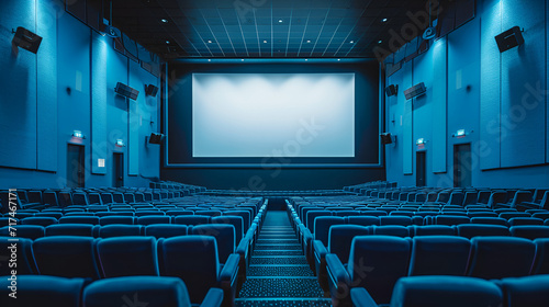Empty of cinema in blue color with white blank screen. Mockup of hall, no people and auditorium. generative ai