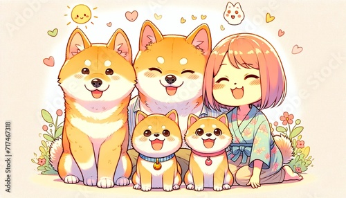 A anime-style illustration of a Shiba Inu with its family  featuring cute  exaggerated features and a colorful.