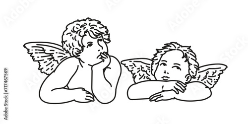 Cherub outlines and line art. Little angel cute baby with wings. Vector hand drawn tattoo illustrations. Cute baby with wings. cherubs angels vintage vector illustration.