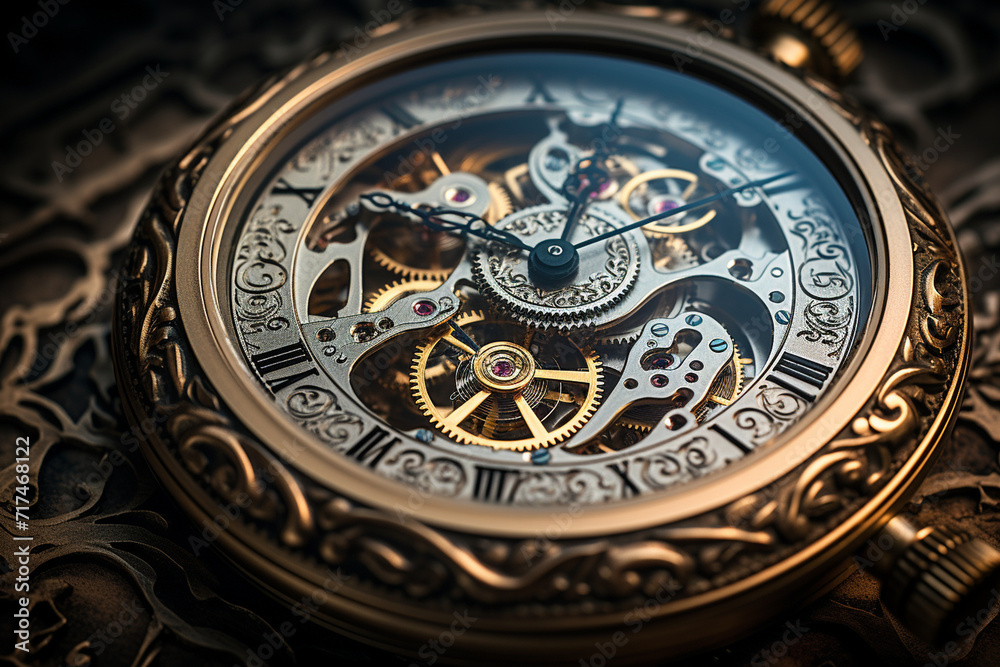 A detailed close-up of a vintage pocket watch, capturing the intricacies of its gears and dials with meticulous pencil shading.