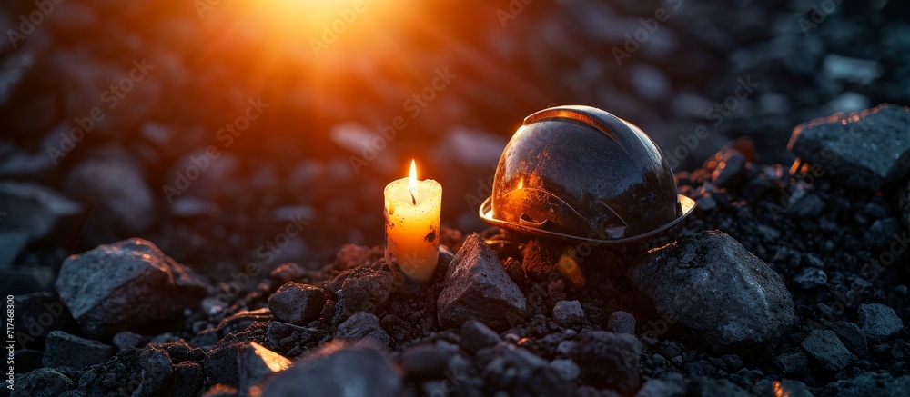After the mine accident, a candle with a mining helmet is placed on top of coal as a vigil light. - obrazy, fototapety, plakaty 