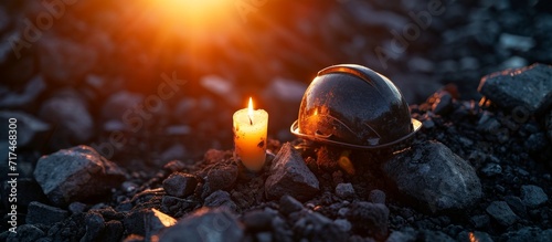 After the mine accident, a candle with a mining helmet is placed on top of coal as a vigil light. photo