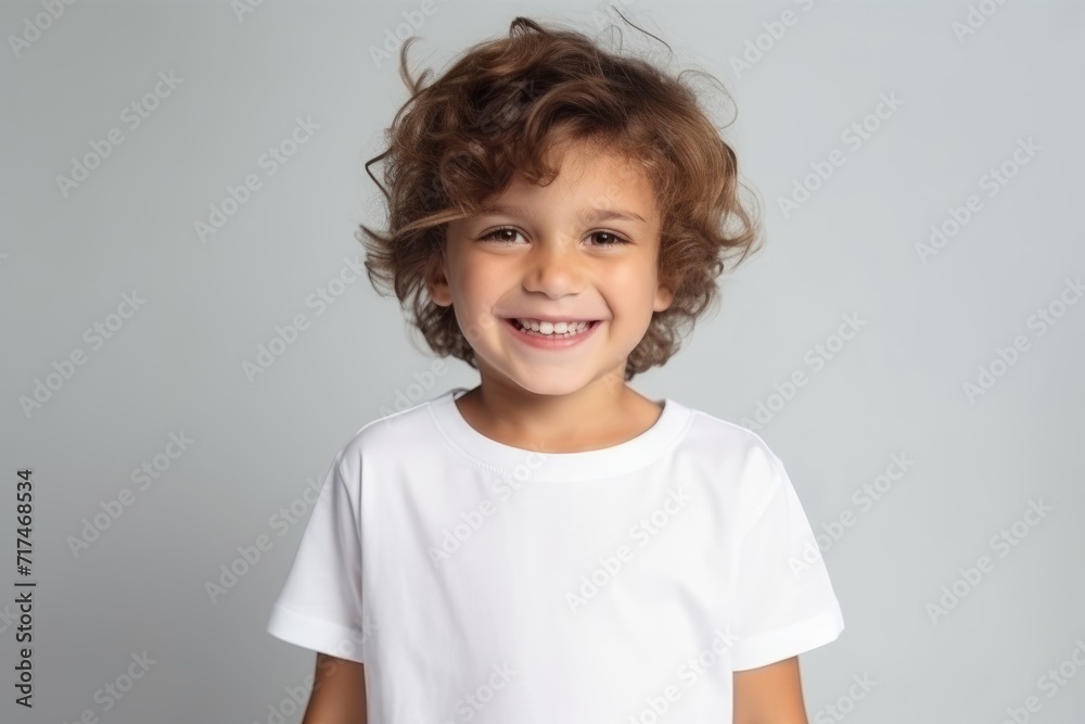 Portrait of a cute little boy with curly hair on a gray background Portrait of a cute little boy with curly hair on a gray background