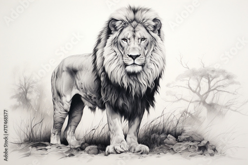A majestic lion  its mane flowing with intricate pencil strokes  capturing the regal beauty of the king of the jungle on a pristine white background.