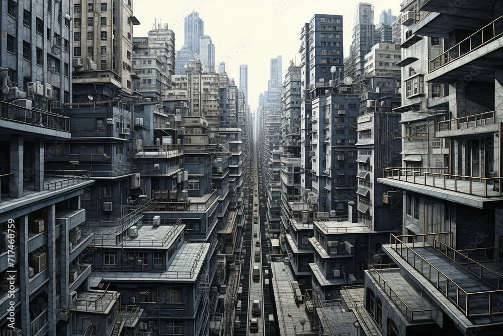 Obraz premium A detailed cityscape emerging from the ruled lines, with skyscrapers and bustling streets, turning the lined paper into a dynamic urban landscape.