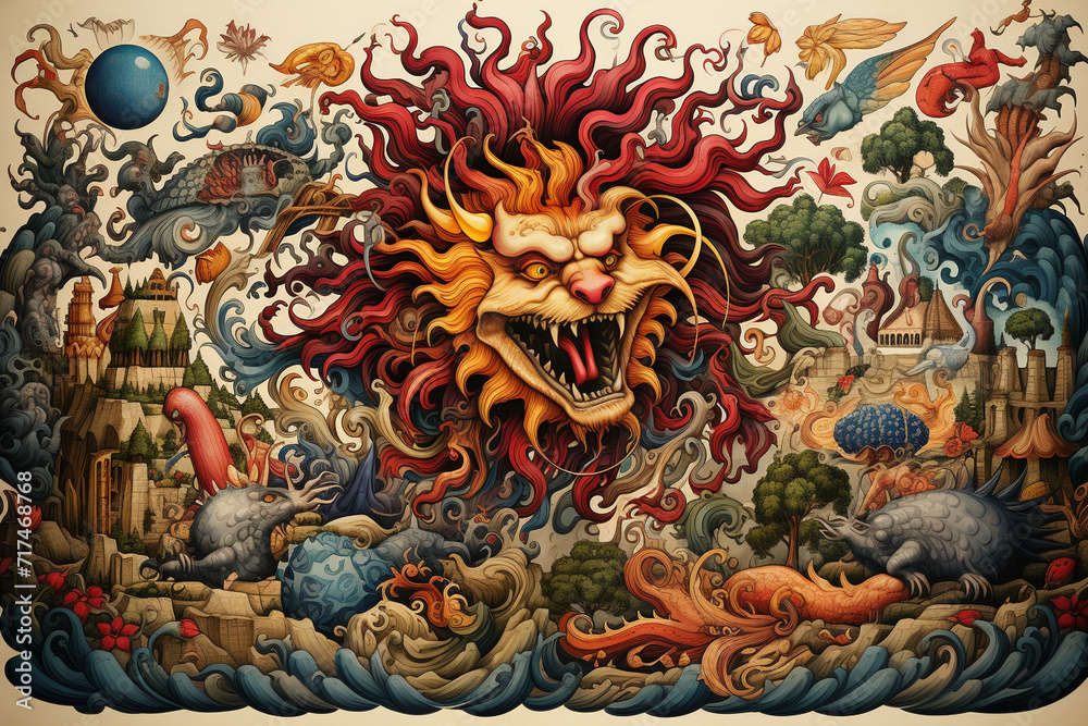 Fototapeta premium An intricately designed medieval manuscript-inspired illustration featuring mythical creatures and intricate borders, transforming the lined paper into a rich tapestry.