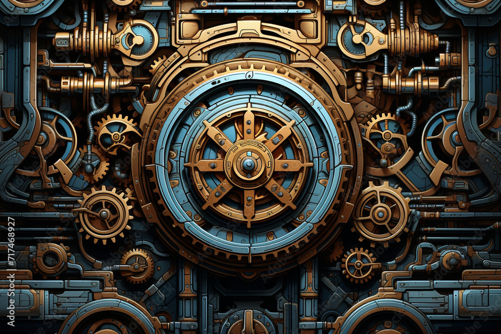 A steampunk-inspired illustration of gears and machinery seamlessly integrated with ruled lines, creating an intricate and mechanical composition.
