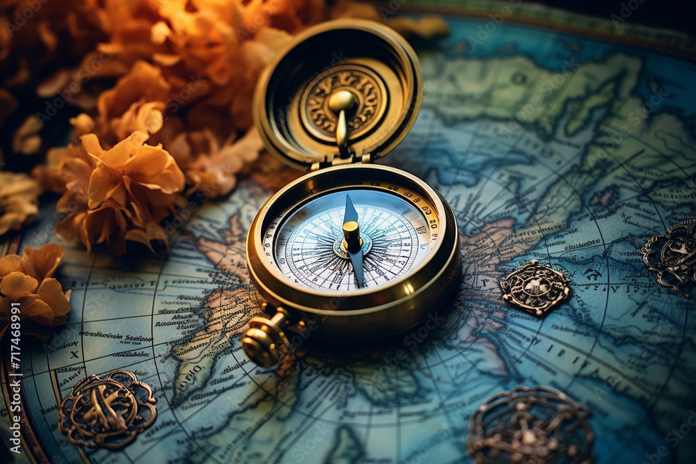 A vintage-inspired map with compass rose and intricate details, turning 