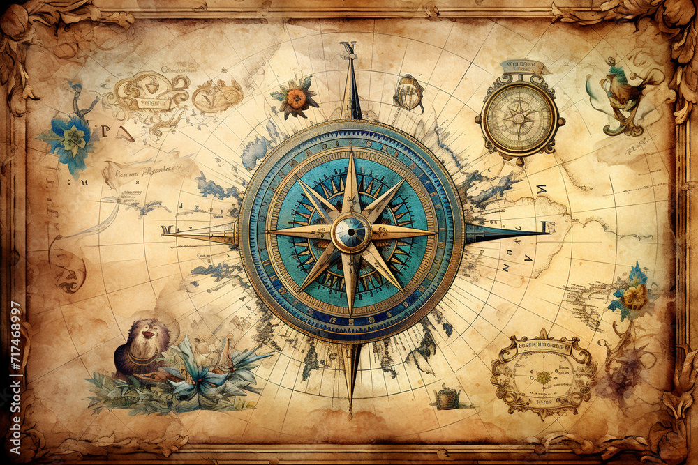 A vintage-inspired map with compass rose and intricate details, turning 
