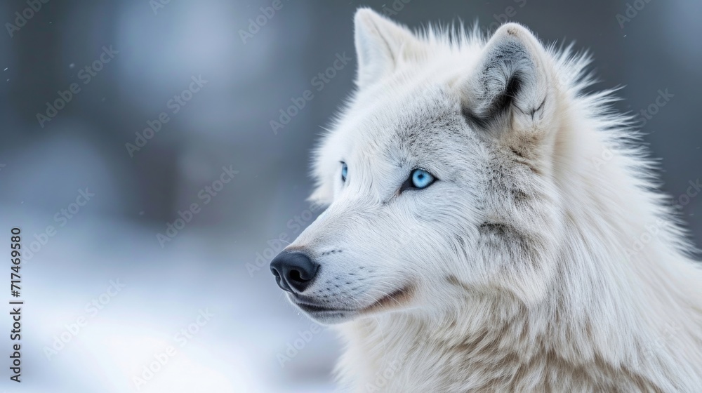Closeup of a white Arctic wolf its breath visible in the cold air gazing off into the distance with piercing blue eyes. Closeup of a white Arctic wolf its breath visible in the cold air gazing off into the distance with piercing blue eyes.
