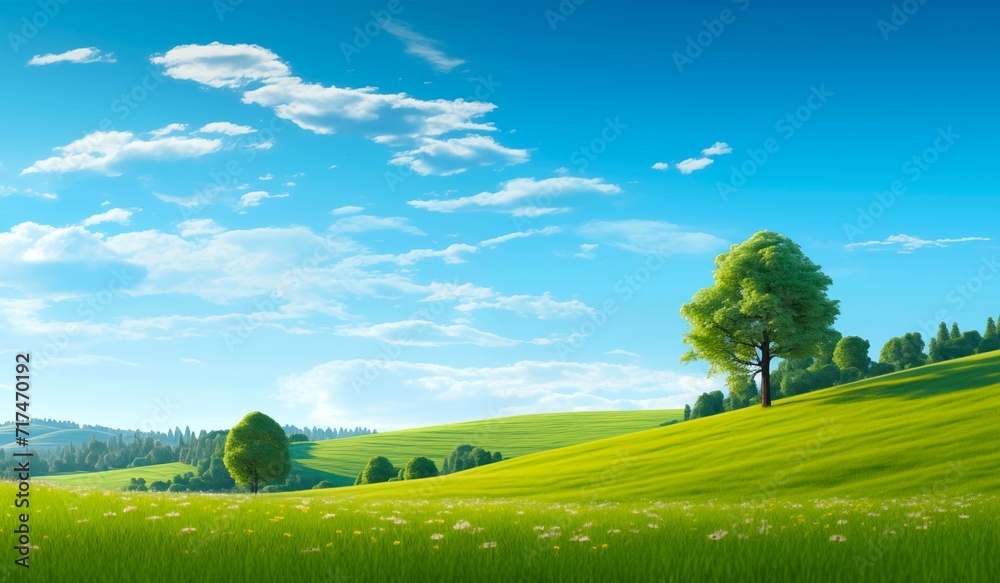 Green meadow and trees on a clear sky in summer. The beauty and tranquility of the season. Green meadow and trees on a clear sky in summer. The beauty and tranquility of the season.