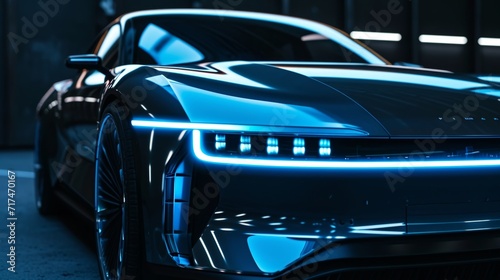 The front grille of a futuristic electric car is captured in a closeup shot with cool blue lights adding a sense of innovation and technology.