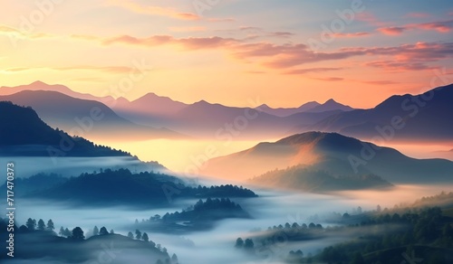 The mountains under the morning mist with a sunrise create a fresh and relaxing natural background. © PJang
