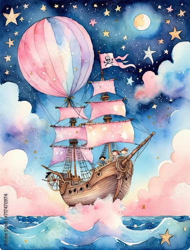 Adventurous Pirate Ship Rescue - Vintage watercolor illustration of children's storybook with soft pastel hues Gen AI photo