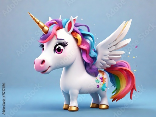 Cute little white unicorn mascot with colorful mane and big pink eyes, 3D