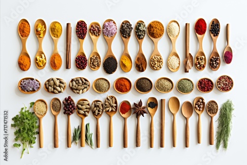 A vibrant composition consisting of an array of colorful spices, aromatic herbs, and various kitchen utensils elegantly arranged against a pristine white backdrop.
