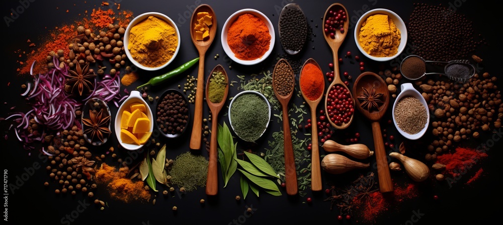 Vibrant array of colorful spices and aromatic herbs in elegant kitchen composition Vibrant array of colorful spices and aromatic herbs in elegant kitchen composition