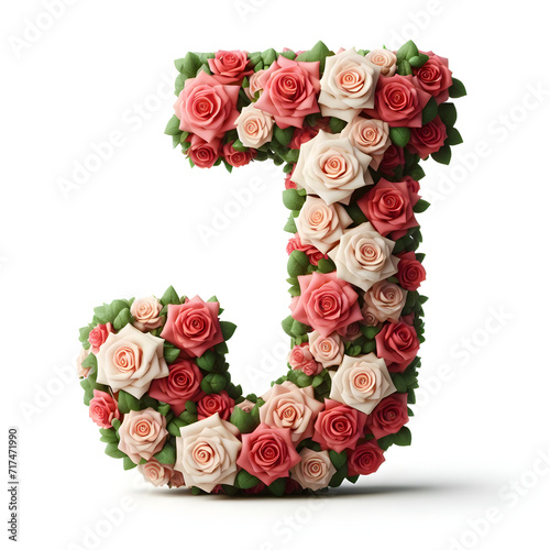 The letter J is made out of rose flowers, the Rose Alphabet, and Valentine Designs, on a White background, isolated on white, photorealistic