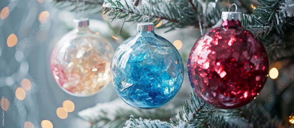 Christmas tree ornaments made from shattered glass baubles.