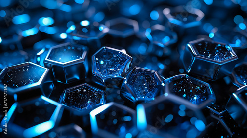 the image includes an impressive collection of hexagons and black lights, in the style of hard surface modeling, silver and navy, made of crystals, polished craftsmanship, rtx, digitally enhanced