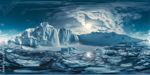 Melting glaciers of Antarctica. 360 VR view. Cracks in the ice. Climate change concept