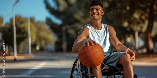 Latino young disabled man playing basketball, wheelchair, disability, sports, active, happy, smiling, generative ai photo