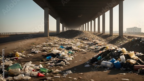 A pile of waste and plastic in the middle of the highway under the bridge