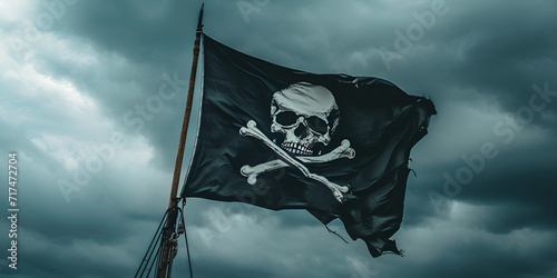 Pirate flag with skull and bones waving in the wind, cloudy sky background, jolly roger symbol, dark mysterious hacker and robber concept, generative ai