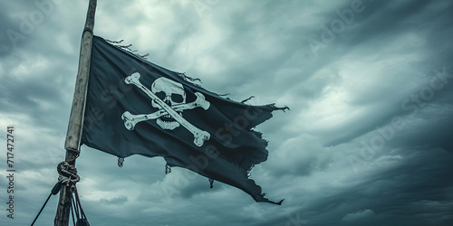 Pirate flag with skull and bones waving in the wind, cloudy sky background, jolly roger symbol, dark mysterious hacker and robber concept, generative ai photo