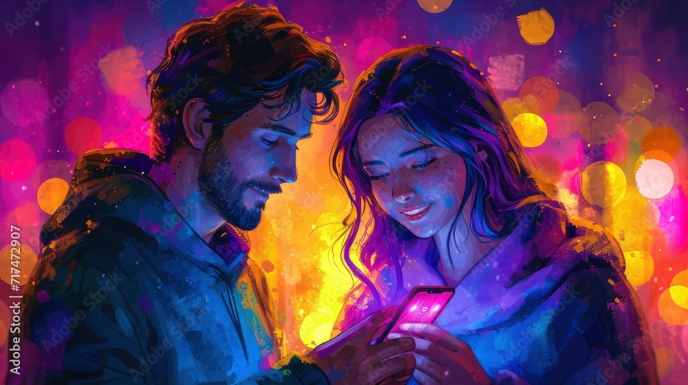 Young Couple Using Smartphone Evening Twilight, Background Banner HD