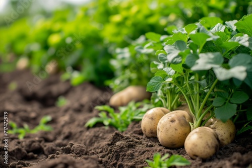 Potato Plants with Tubers in Organic Garden Soil