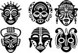 Ritual religious totem masks set. Ancient aboriginal deities for rituals with ornaments. Ceremonial masks, Spolynesian, maori or hawaiian tribal faces in high HD resolution.