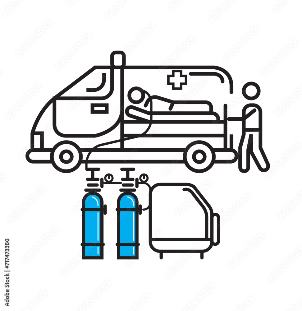 Obraz premium Ambulance emergency paramedic carrying patient in stretcher with oxygen cylinder flat style vector illustration
