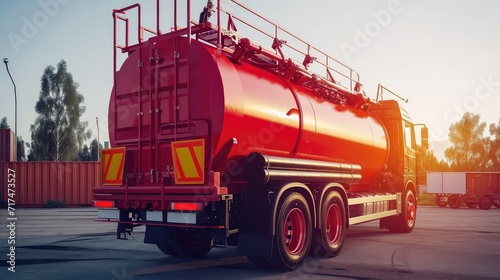 Red tank truck for transporting toxic cargo. Efficiency and safety: Transporting toxic materials with precision.