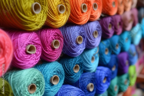 Colorful Yarn Rolls on Shelf
