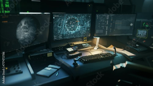 Futuristic Surveillance network is used in the control room. Operating the surveillance network tech from the police control room. Surveillance network locates the target on the road. Control Hub. photo