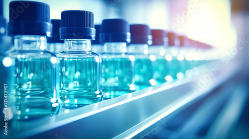 Row of Water Bottles on Shelf for the Pharmacology Industry. Bottles with medicines on the conveyor. Selective focus. Close-up.