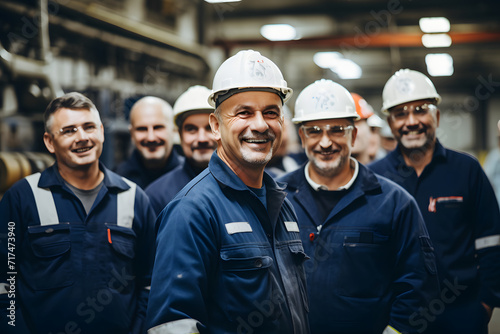 A group of factory workers wearing hard hats and safety uniforms, smiling together. Portraying industrial worker engineering and illustrating concepts of industry, engineering, and construction.
