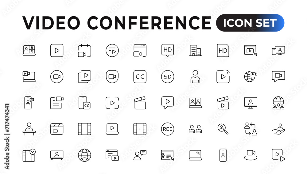 Video Conference Icons Set. Collection of linear simple web icons such Video Сommunication with People. Video Conference Icons Set. Collection of linear simple web icons such Video Сommunication with People.