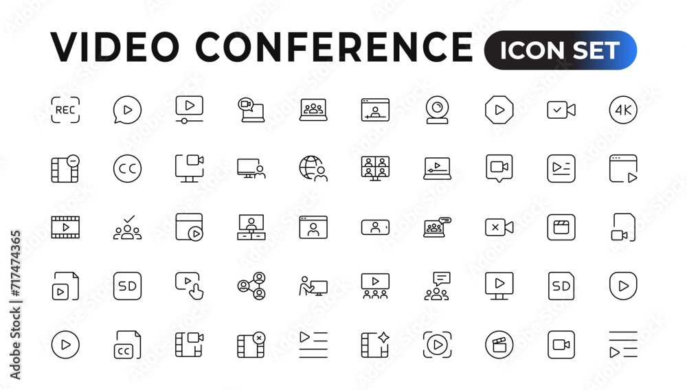 Video Conference Icons Set. Collection of linear simple web icons such Video Сommunication with People.