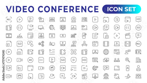 Video Conference Icons Set. Collection of linear simple web icons such Video Сommunication with People.