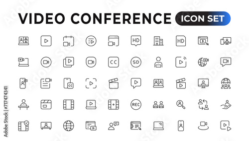 Video Conference Icons Set. Collection of linear simple web icons such Video Сommunication with People.