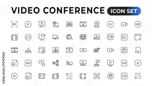 Video Conference Icons Set. Collection of linear simple web icons such Video Сommunication with People.