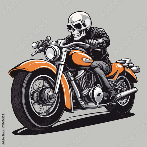 Skull drive motorcycle groovy cartoon vector illustration