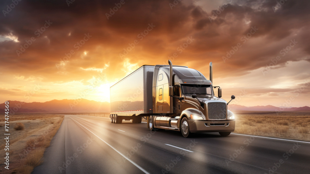 A semi-truck with a cargo trailer drives along the highway, transporting cargo in the evening. Delivery and logistics concept. Transportation of goods over long distances.