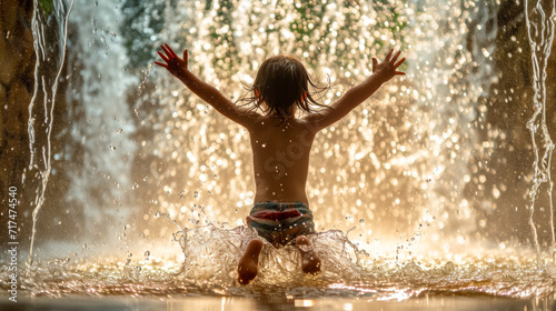 A jubilant water splash  frozen in time  captures the exhilarating moment of a child jumping into a puddle  radiating pure joy and carefree abandon