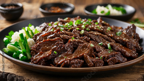essence of Mongolian Beef in a visually stunning side view, presented on a rustic wooden table the glossy, caramelized glaze clinging to the tender slices of beef